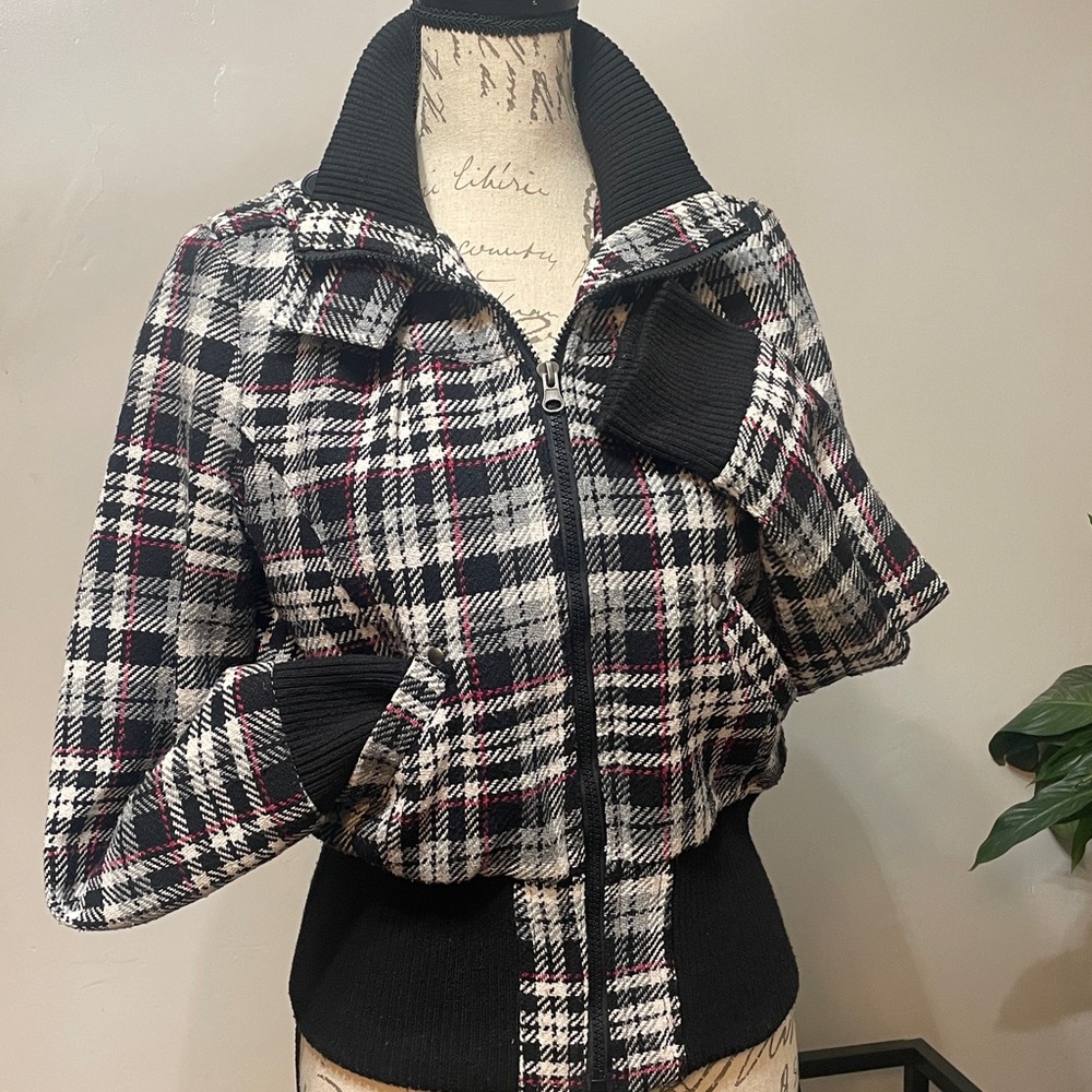 Plaid Women's Bomber Jacket - Black White and Pink